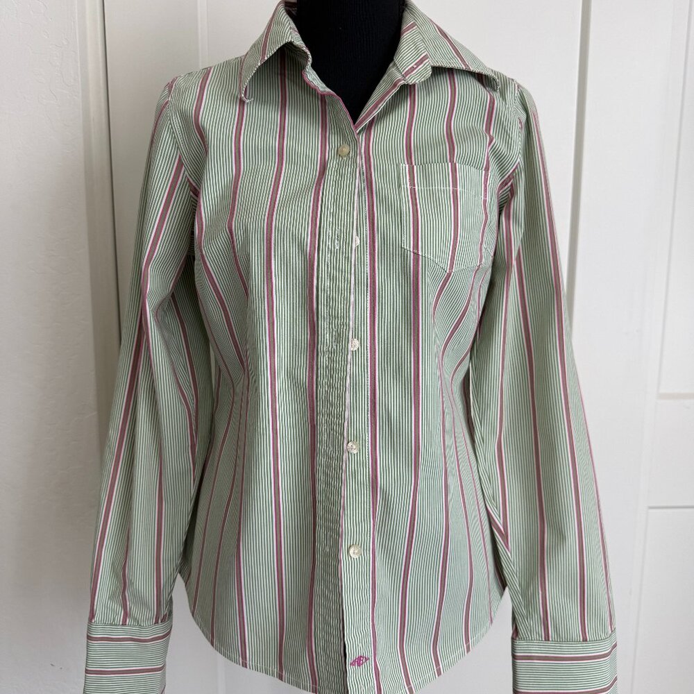 Women's American Eagle Outfitters Green & Pink Striped Button Down Blouse Size 6